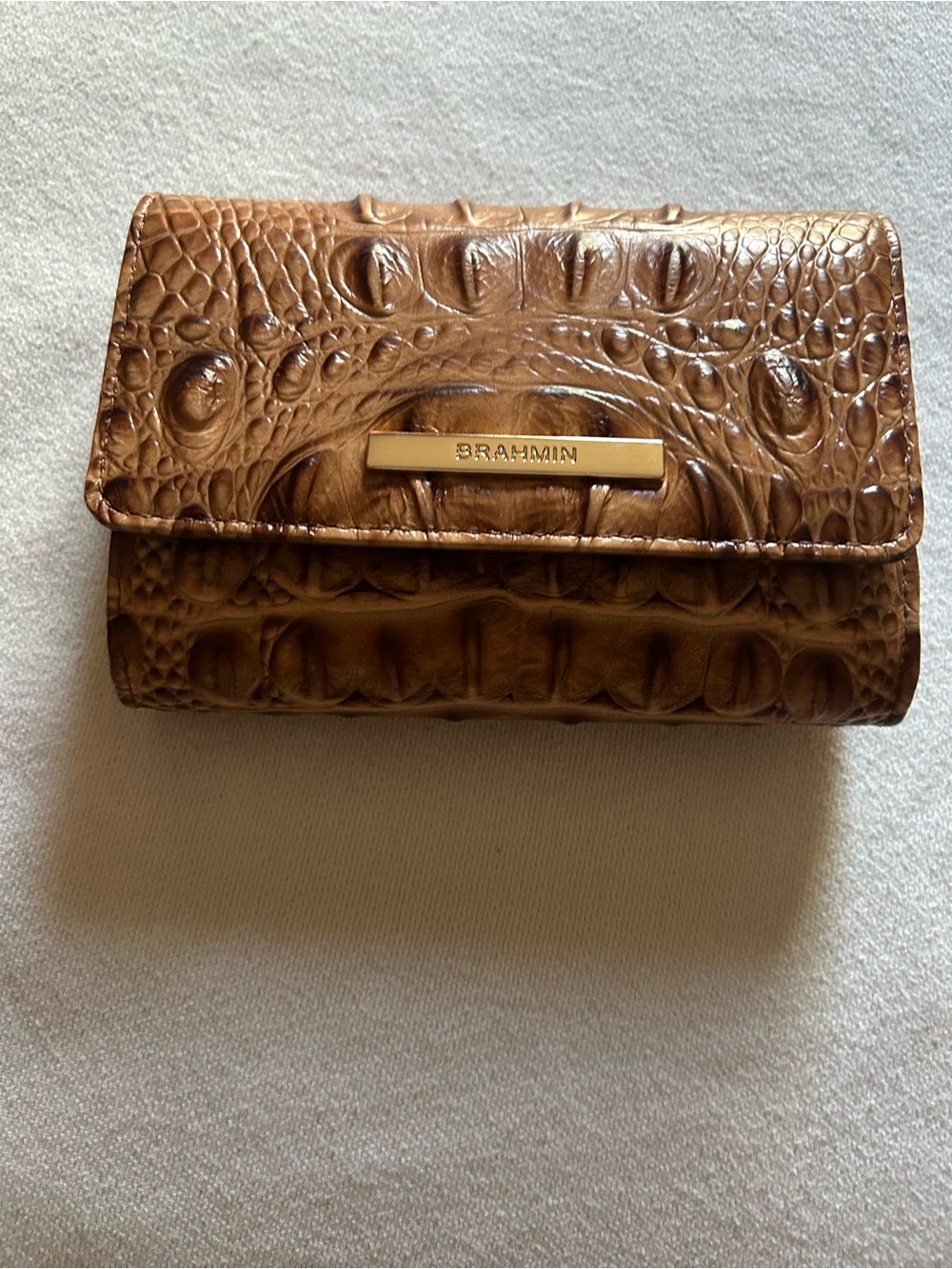 Brahmin Tan Croc-Embossed Leather Wallet with Gold Plaque